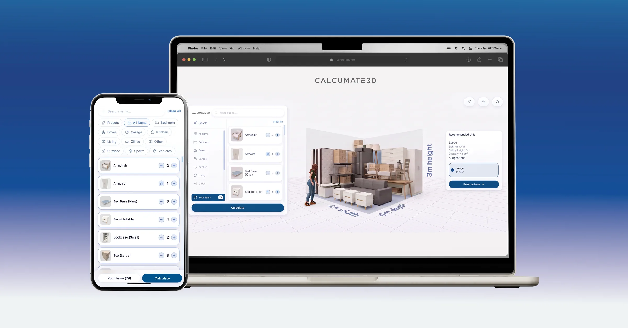 Calcumate3D shown on a laptop and a phone: item selection on the left, the packed storage unit in interactive 3D in the centre, and the recommended unit size with a Reserve Now button on the right.